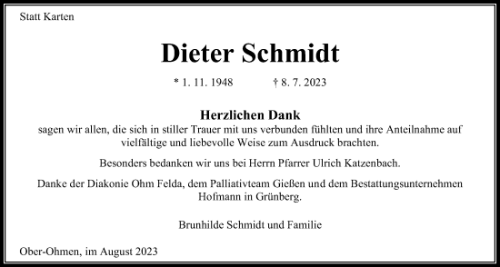 Traueranzeige von Dieter Schmidt von Alsfelder Allgemeine, Mücker Stimme