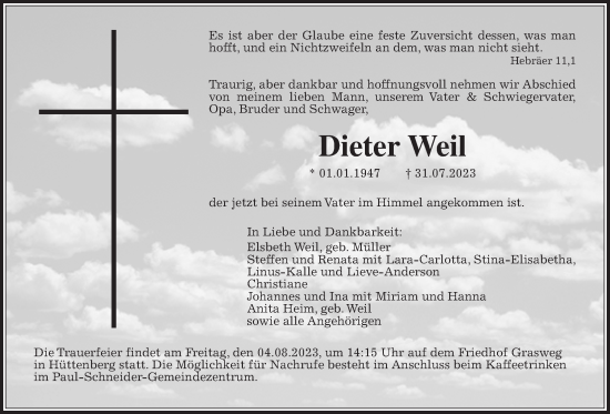 Traueranzeige von Dieter Weil von Giessener Allgemeine, Alsfelder Allgemeine