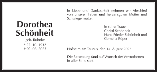 Traueranzeige von Dorothea Schönheit 
