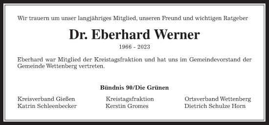 Traueranzeige von EberhardWerner Werner von Giessener Allgemeine, Alsfelder Allgemeine, Giessener Anzeiger