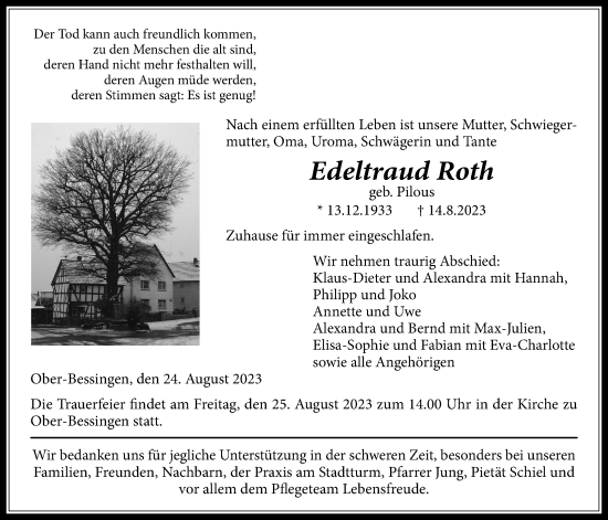Traueranzeige von Edeltraud Roth von Licher Wochenblatt