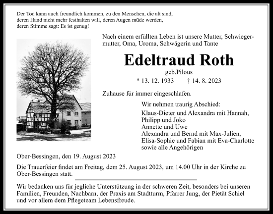 Traueranzeige von Edeltraud Roth von Giessener Allgemeine, Alsfelder Allgemeine, Giessener Anzeiger