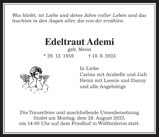 Traueranzeige von Edeltraut Ademi von Wetterauer Zeitung