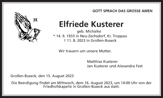 Traueranzeige von Elfriede Kusterer von Giessener Anzeiger, Giessener Allgemeine, Alsfelder Allgemeine