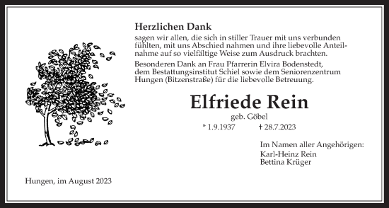 Traueranzeige von Elfriede Rein von Licher Wochenblatt