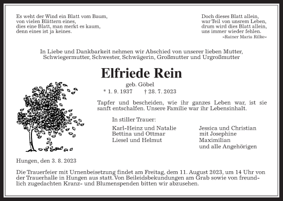 Traueranzeige von Elfriede Rein von Licher Wochenblatt