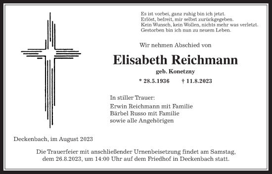 Traueranzeige von Elisabeth Reichmann von Alsfelder Allgemeine