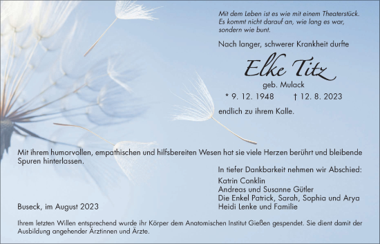 Traueranzeige von Elke Titz von Giessener Allgemeine, Alsfelder Allgemeine, Giessener Anzeiger