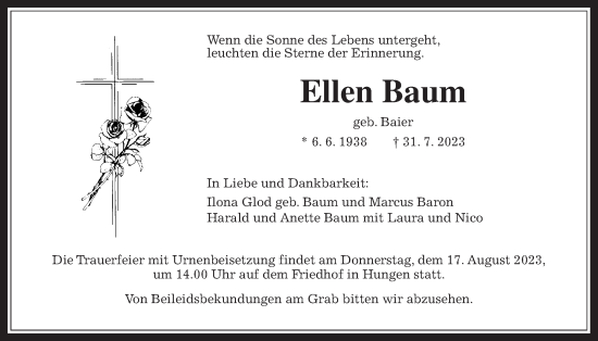 Traueranzeige von Ellen Baum von Licher Wochenblatt