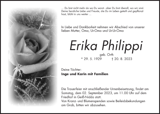 Traueranzeige von Erika Philippi von Kreis-Anzeiger