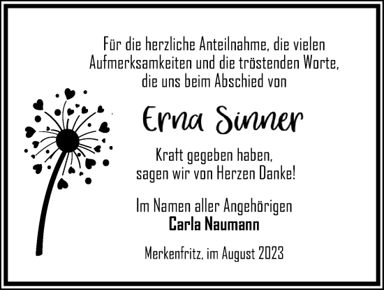 Traueranzeige von Erna Sinner von Kreis-Anzeiger