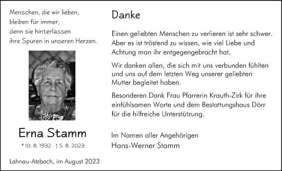 Traueranzeige von Erna Stamm von Giessener Allgemeine, Alsfelder Allgemeine
