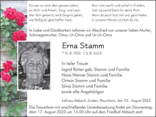 Traueranzeige von Erna Stamm von Giessener Allgemeine, Alsfelder Allgemeine