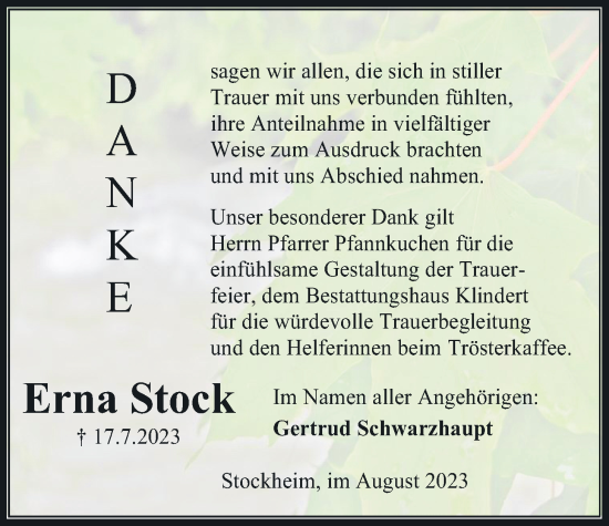 Traueranzeige von Erna Stock von Kreis-Anzeiger