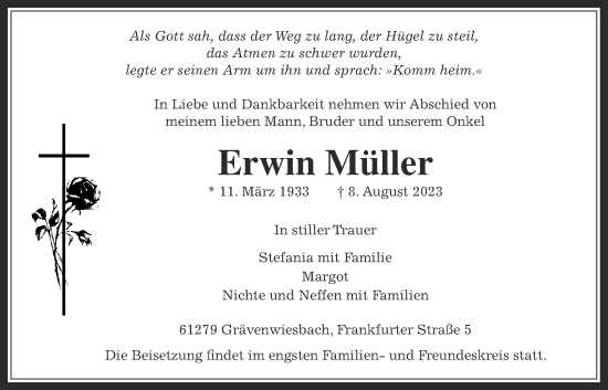 Traueranzeige von Erwin Müller von Usinger Anzeiger