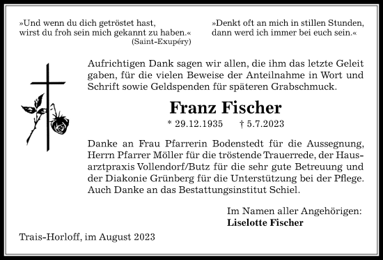 Traueranzeige von Franz Fischer von Licher Wochenblatt
