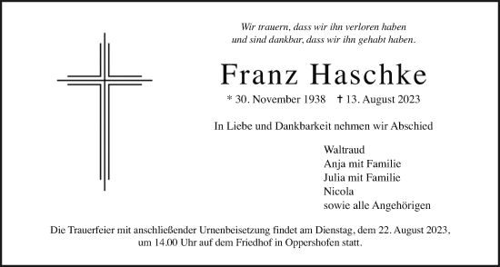 Traueranzeige von Franz Haschke von Wetterauer Zeitung