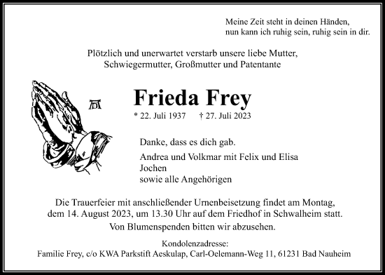 Traueranzeige von Frieda Frey von Wetterauer Zeitung