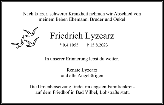 Traueranzeige von Friedrich Lyzcarz von Bad Vilbel/Karben