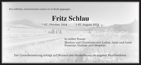Traueranzeige von Fritz Schlau von Usinger Anzeiger