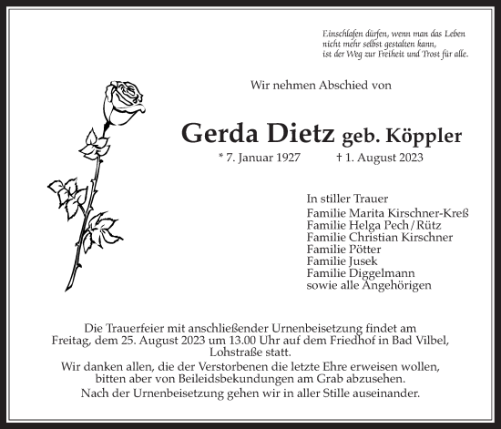 Traueranzeige von Gerda Dietz von Bad Vilbel/Karben