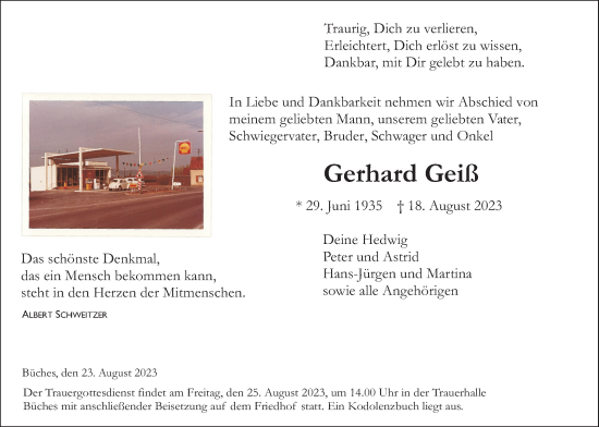 Traueranzeige von Gerhard Geiß von Kreis-Anzeiger