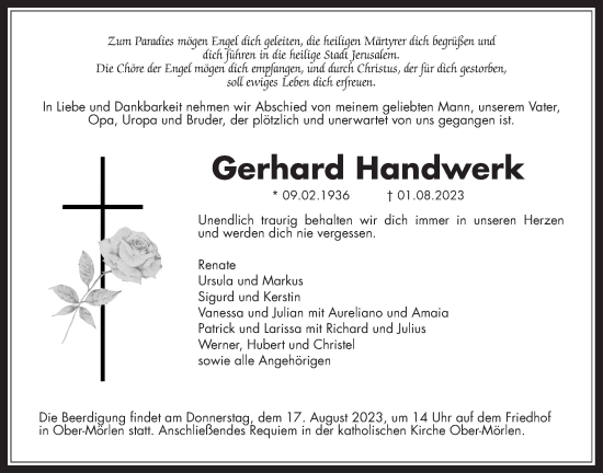 Traueranzeige von Gerhard Handwerk von Wetterauer Zeitung