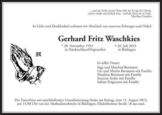 Traueranzeige von Gerhard Fritz Waschkies von Kreis-Anzeiger