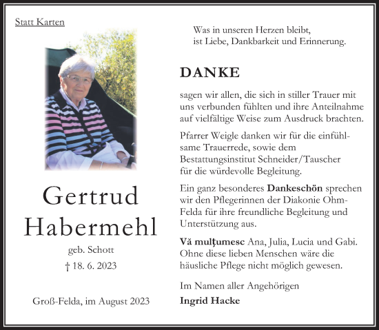 Traueranzeige von Gertrud Habermehl von Alsfelder Allgemeine
