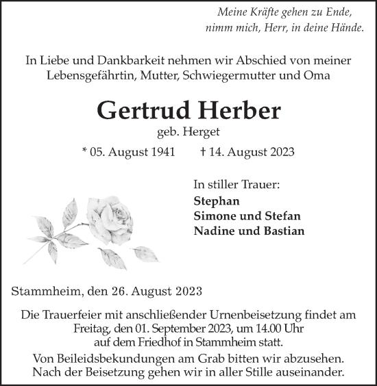 Traueranzeige von Gertrud Herber von Wetterauer Zeitung
