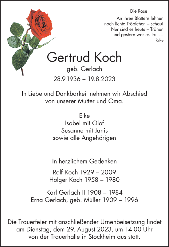 Traueranzeige von Gertrud Koch von Kreis-Anzeiger