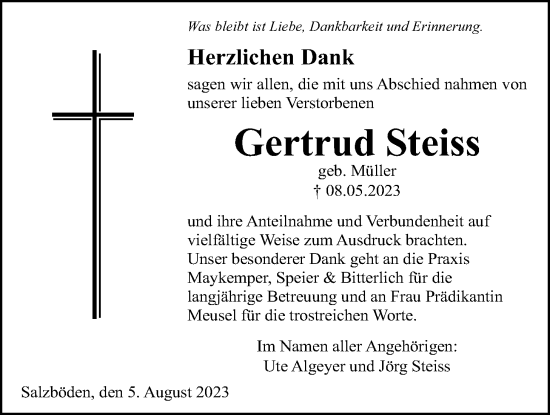 Traueranzeige von Gertrud Steiss von Giessener Allgemeine, Alsfelder Allgemeine