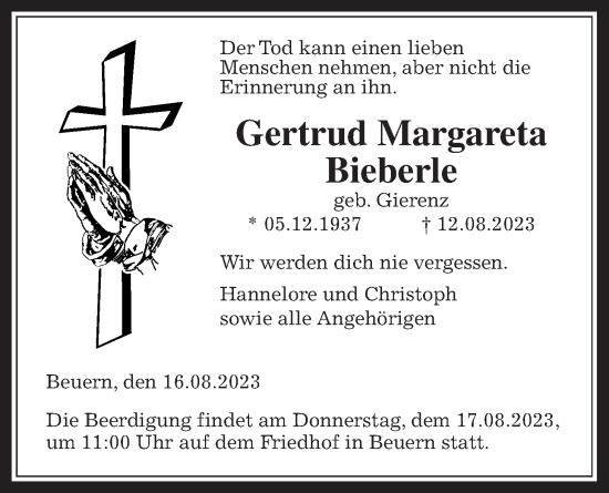 Traueranzeige von Gertrud Margareta Bieberle von Giessener Allgemeine, Alsfelder Allgemeine