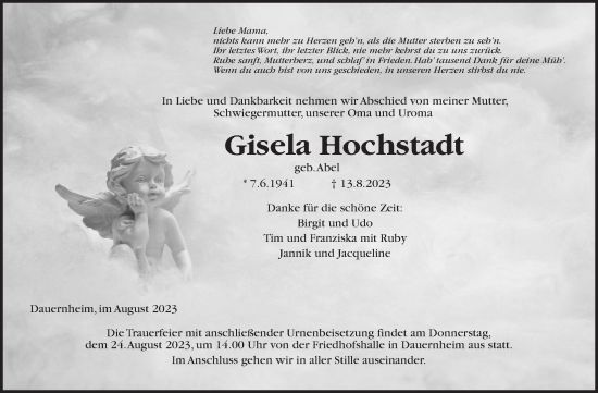 Traueranzeige von Gisela Hochstadt von Kreis-Anzeiger