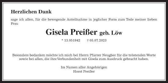 Traueranzeige von Gisela Preißer von Wetterauer Zeitung, Bad Vilbel/Karben