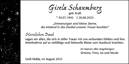 Traueranzeige von Gisela Schaumburg von Kreis-Anzeiger
