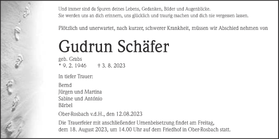 Traueranzeige von Gudrun Schäfer von Wetterauer Zeitung