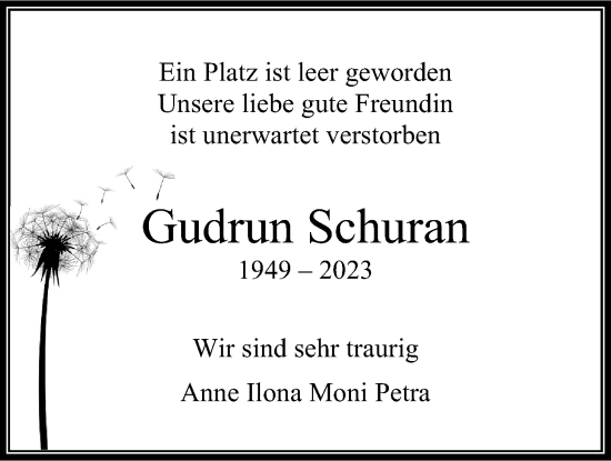 Traueranzeige von Gudrun Schuran von Bad Vilbel/Karben