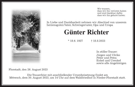 Traueranzeige von Günter Richter von Wetterauer Zeitung