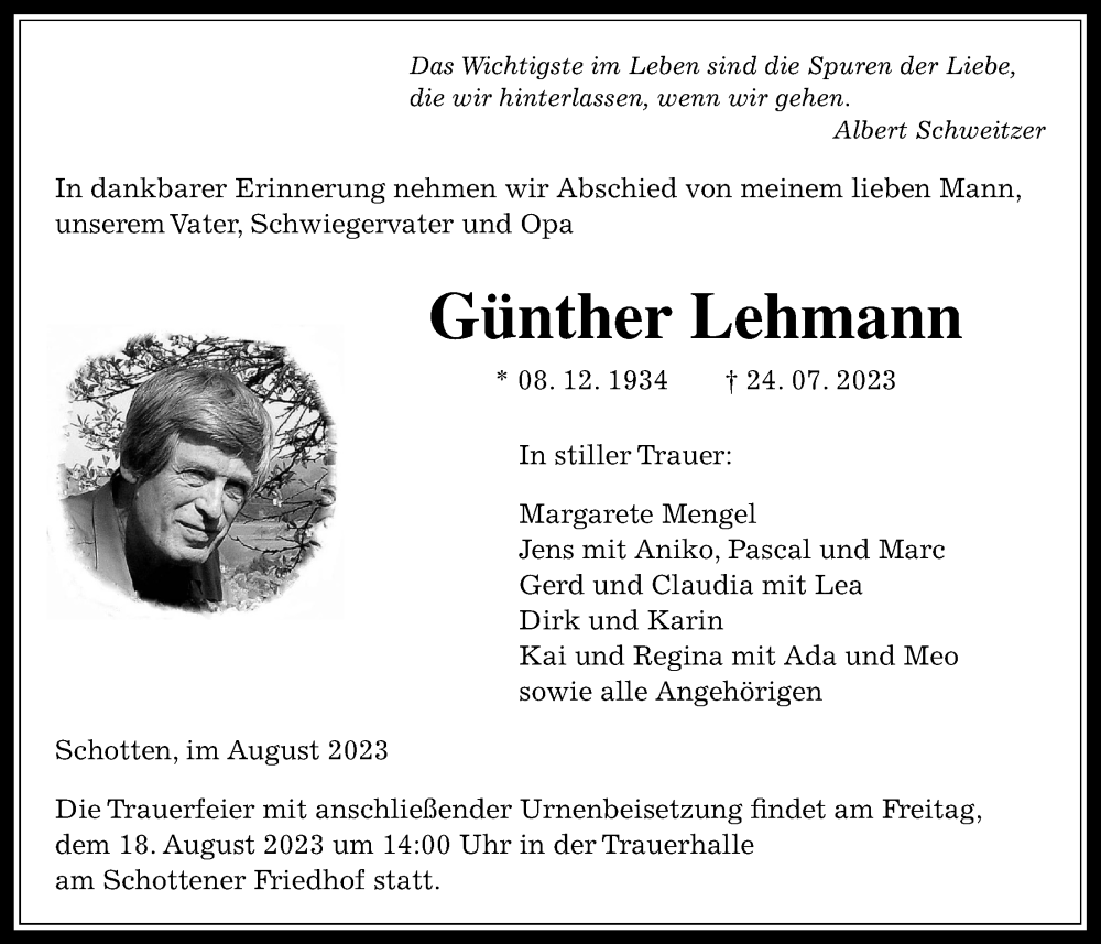  Traueranzeige für Günther Lehmann vom 12.08.2023 aus Kreis-Anzeiger