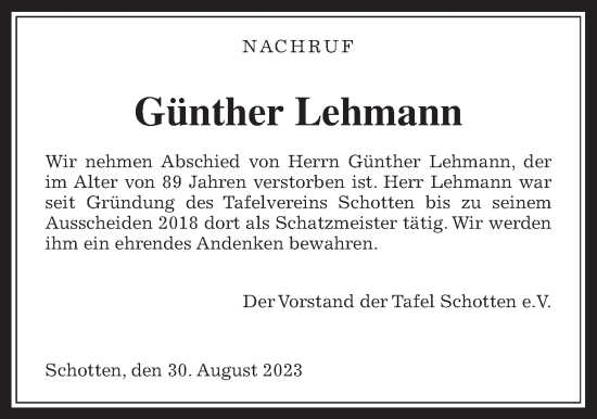 Traueranzeige von Günther Lehmann von Kreis-Anzeiger