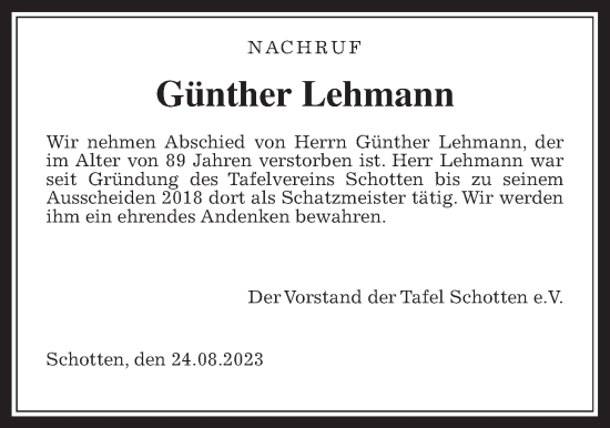 Traueranzeige von Günther Lehmann von Giessener Allgemeine, Alsfelder Allgemeine
