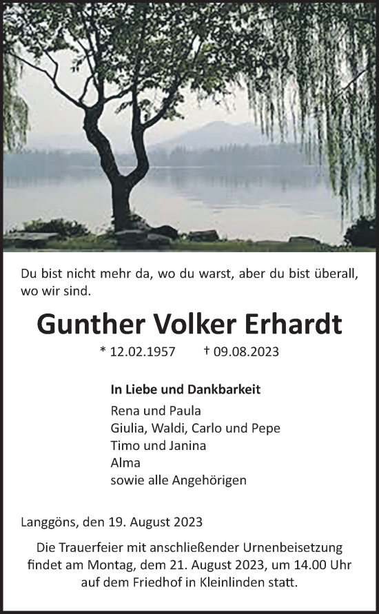 Traueranzeige von Gunther Volker Erhardt von Giessener Allgemeine, Alsfelder Allgemeine, Wetterauer Zeitung