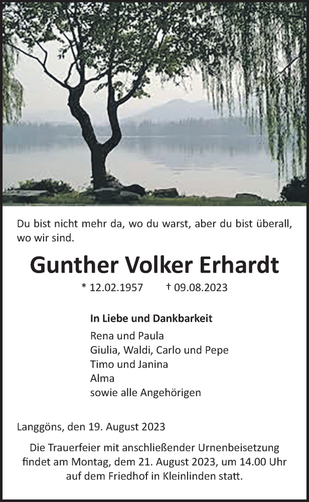  Traueranzeige für Gunther Volker Erhardt vom 19.08.2023 aus Giessener Allgemeine, Alsfelder Allgemeine, Wetterauer Zeitung