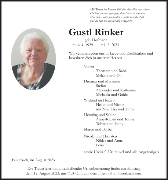 Traueranzeige von Gustl Rinker von Kreis-Anzeiger