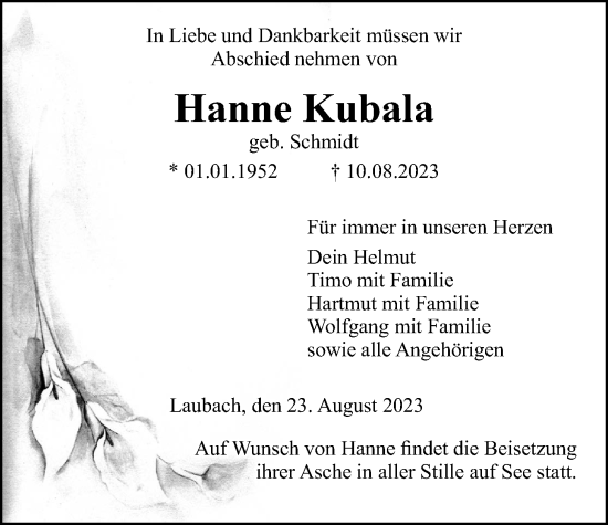 Traueranzeige von Hanne Kubala von Laubacher Anzeiger