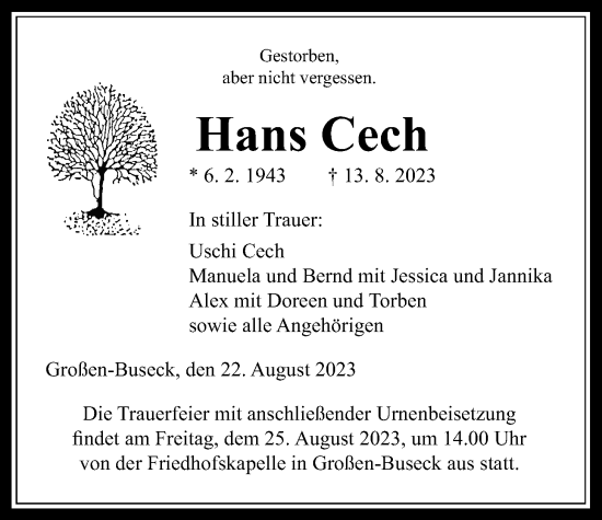 Traueranzeige von Hans Cech von Giessener Allgemeine, Alsfelder Allgemeine, Giessener Anzeiger