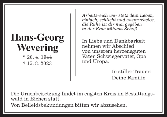 Traueranzeige von Hans-Georg Wevering von Wetterauer Zeitung