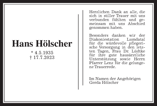 Traueranzeige von Hans Hölscher von Wetterauer Zeitung, Giessener Allgemeine, Alsfelder Allgemeine