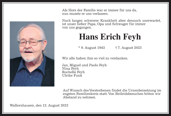 Traueranzeige von Hans Erich Feyh von Kreis-Anzeiger